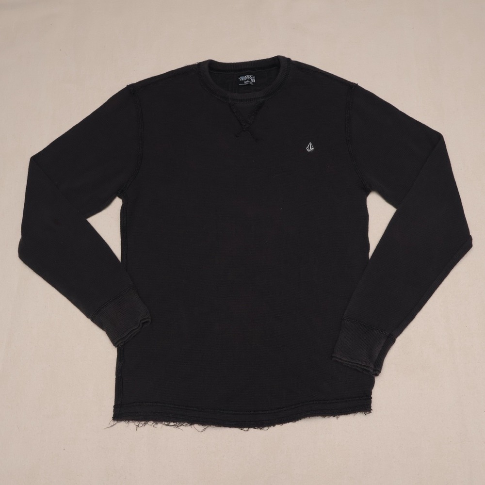 Volcom Thermal Shirt Mens Small Black Distressed Y2K Skate Long Sleeve Waffle